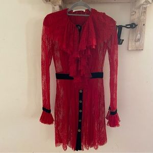 Philosophy Di Lorenzo Serafini red lace ruffle button front long sleeve sheer dr